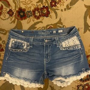 MissMe Blue Jean Shorts with Lace Trim